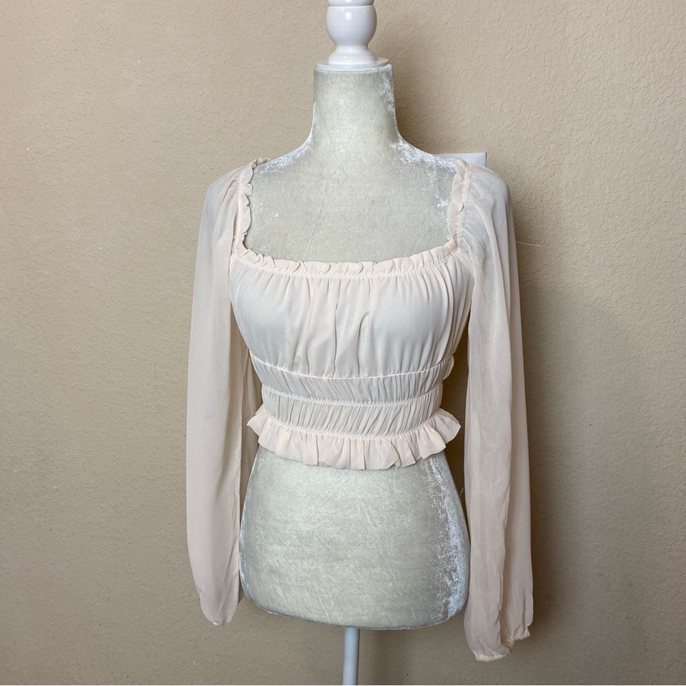NWT! Forever 21 Cropped Puff Long Sleeve Blouse Top Cream Ivory Smocked Sz Small - Picture 4 of 11